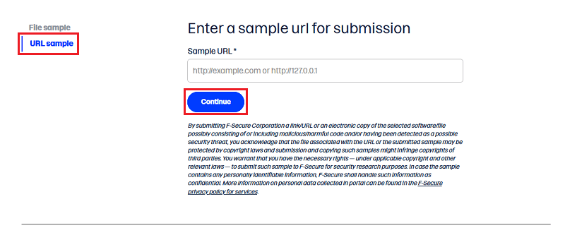 URL sampleを選択しURLを入力しContinueをクリック
